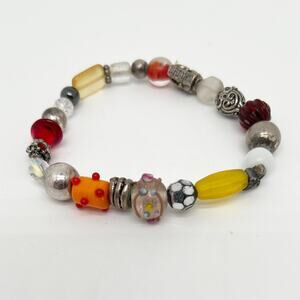 Handmade Colorful Beaded Silver Tone Stretch Elastic Bracelet Hand Crafted